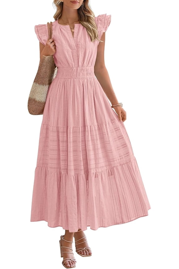 Womens Summer Maxi Dress Spring Boho Vacation Ruffle Flutter Short Sleeve A Line Tiered Flowy Dresses Pockets