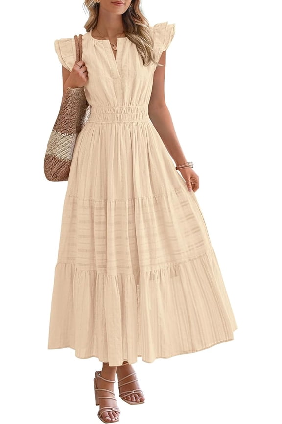 Womens Summer Maxi Dress Spring Boho Vacation Ruffle Flutter Short Sleeve A Line Tiered Flowy Dresses Pockets
