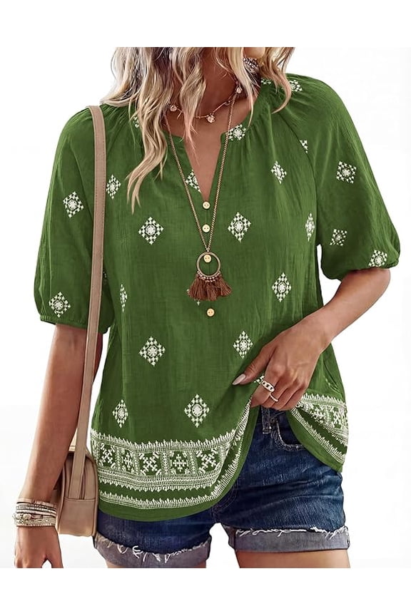 Womens Summer Tops Boho V Neck Short Sleeve Dressy Casual Business Blouses Flowy Floral Print Shirt Trendy