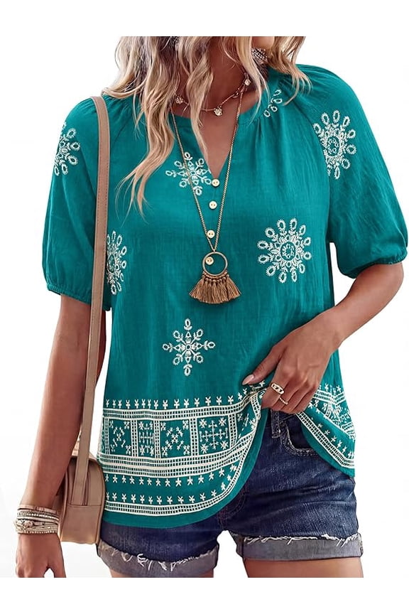 Womens Summer Tops Boho V Neck Short Sleeve Dressy Casual Business Blouses Flowy Floral Print Shirt Trendy