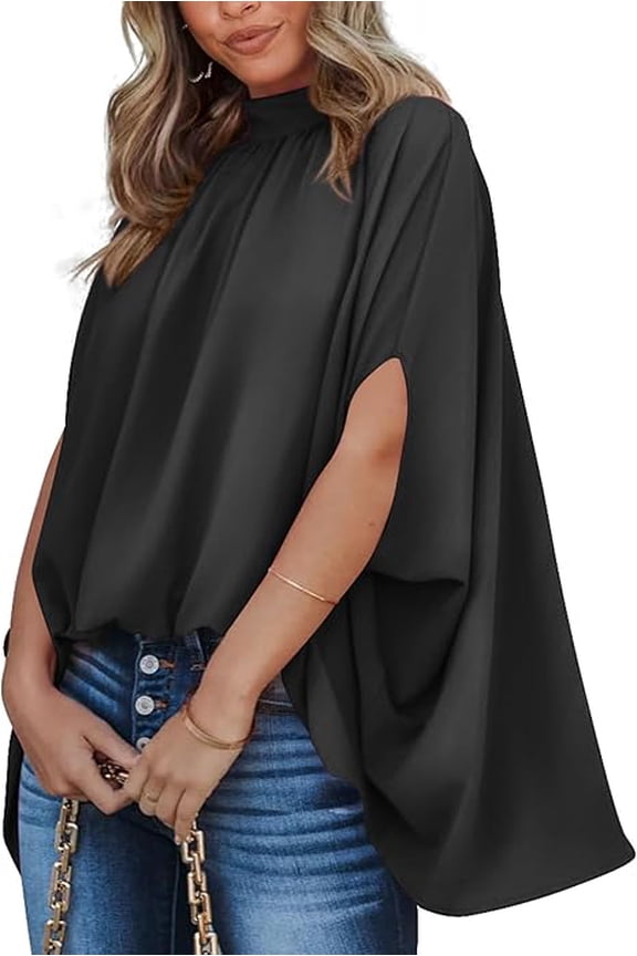Womens Summer Tops Mock Neck Batwing Sleeve Silk Satin Shirts Loose Oversized Dressy Casual Spring Blouses