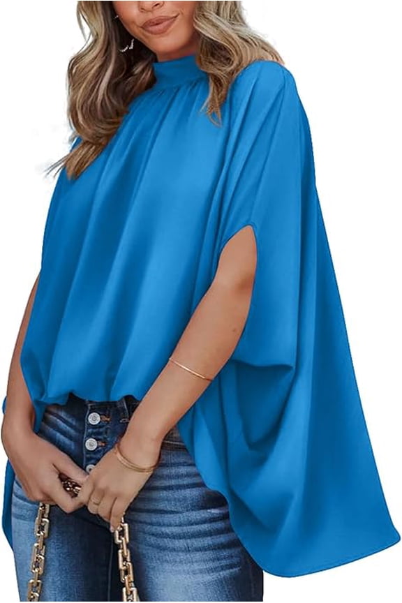 Womens Summer Tops Mock Neck Batwing Sleeve Silk Satin Shirts Loose Oversized Dressy Casual Spring Blouses