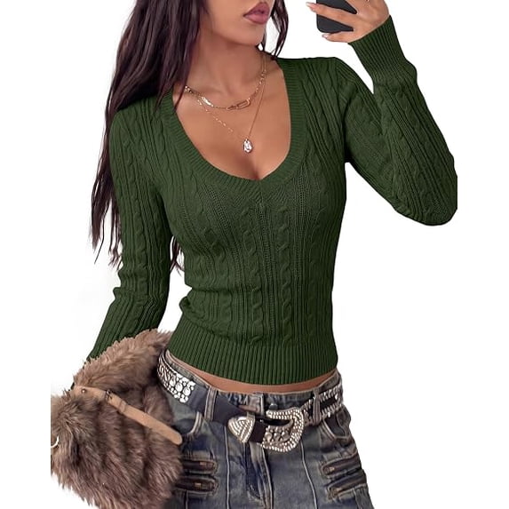 BTFBM Womens Sweaters Cable Knit V Neck Long Sleeve Tops | Lightweight Ribbed Fitted Pullover,Y2K Going Out Top,Basic Tunic Daily Wear Fall,Dressy Work Business Casual Outfits