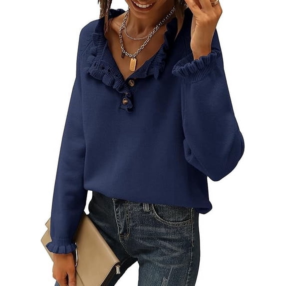 BTFBM Womens Sweaters Fall Winter Clothes Long Sleeve Button Down Ruffle Crew Neck Casual Knitted Pullover Tops