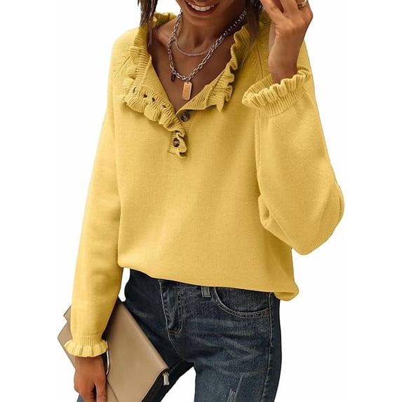 BTFBM Womens Sweaters Fall Winter Clothes Long Sleeve Button Down Ruffle Crew Neck Casual Knitted Pullover Tops