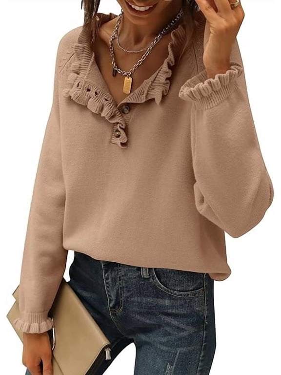 Womens Sweaters Fall Winter Clothes Long Sleeve Button Down Ruffle Crew Neck Casual Knitted Pullover Tops