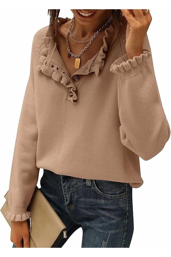 Womens Sweaters Fall Winter Clothes Long Sleeve Button Down Ruffle Crew Neck Casual Knitted Pullover Tops
