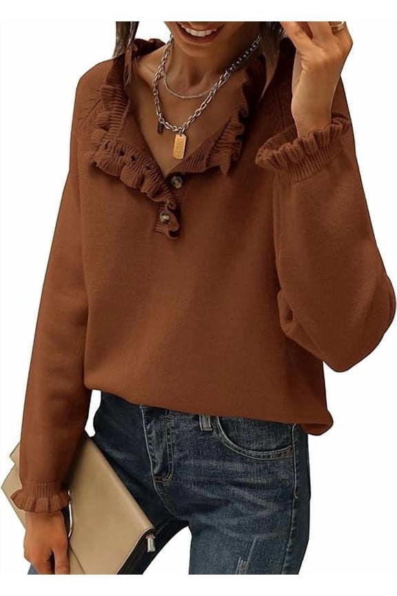 Womens Sweaters Fall Winter Clothes Long Sleeve Button Down Ruffle Crew Neck Casual Knitted Pullover Tops