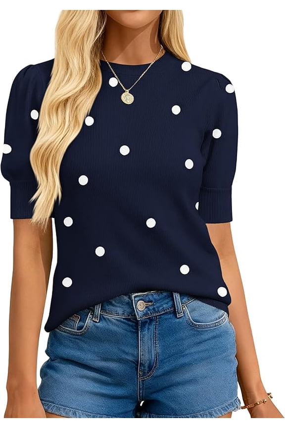 Womens Sweaters Polka Dot Short Sleeve Sweater for Women Crew Neck Knit Summer Tops Business Dressy Casual Blouses
