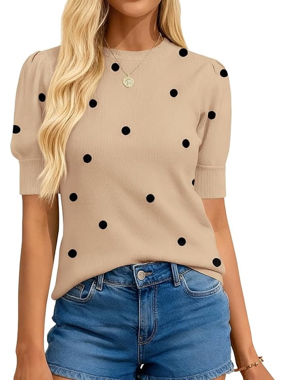 Womens Sweaters Polka Dot Short Sleeve Sweater for Women Crew Neck Knit Summer Tops Business Dressy Casual Blouses