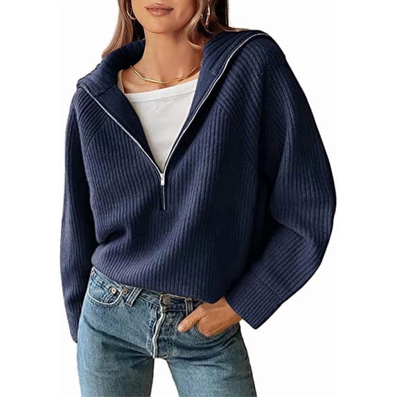 BTFBM Womens Sweaters Quarter Zip Pullover V Neck Collar Long Sleeve Ribbed Knit Loose Casual Winter Fall Sweater