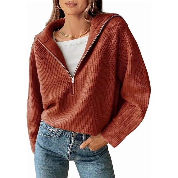 BTFBM Womens Sweaters Quarter Zip Pullover V Neck Collar Long Sleeve Ribbed Knit Loose Casual Winter Fall Sweater