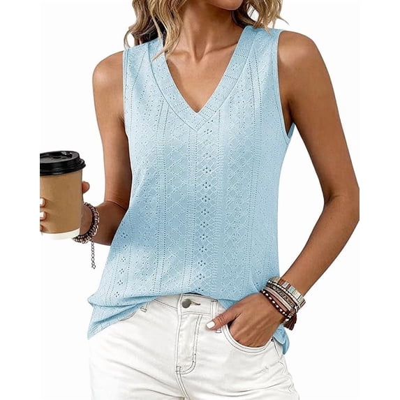 BTFBM Womens Tank Tops Summer Eyelet Crossed V Neck Sleeveless Casual Loose Fit Basic Spring Top Vacation Outfits