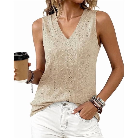 BTFBM Womens Tank Tops Summer Eyelet Crossed V Neck Sleeveless Casual Loose Fit Basic Spring Top Vacation Outfits
