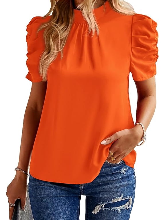 Womens Tops Dressy Casual Blouses Summer Spring Clothes Mock Neck Short Sleeve Shirts Business Work Fall Outfits