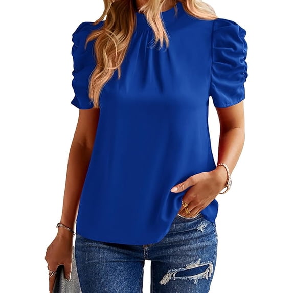 BTFBM Womens Tops Dressy Casual Blouses Summer Spring Clothes Mock Neck Short Sleeve Shirts Business Work Fall Outfits