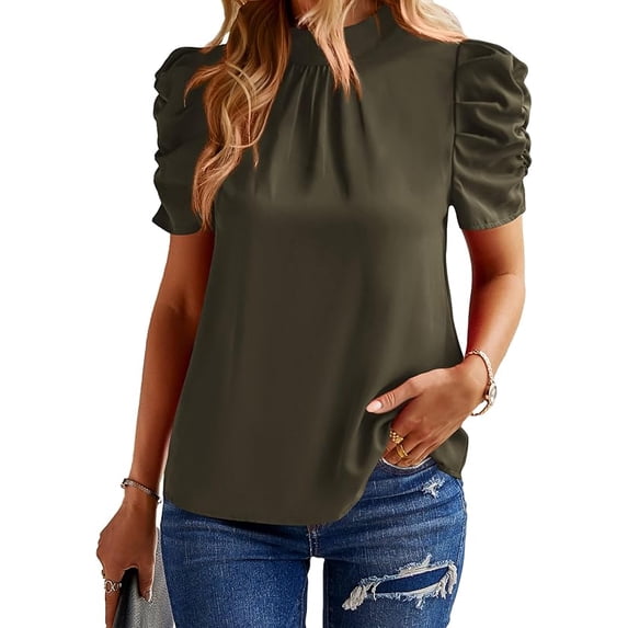 BTFBM Womens Tops Dressy Casual Blouses Summer Spring Clothes Mock Neck Short Sleeve Shirts Business Work Fall Outfits