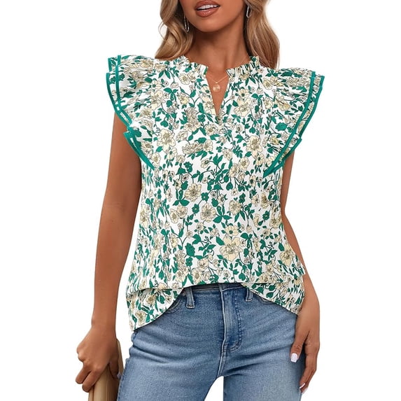 BTFBM Womens Tops Dressy Casual Spring Summer Shirts Boho Floral V Neck Ruffle Cap Sleeve Business Work Blouses