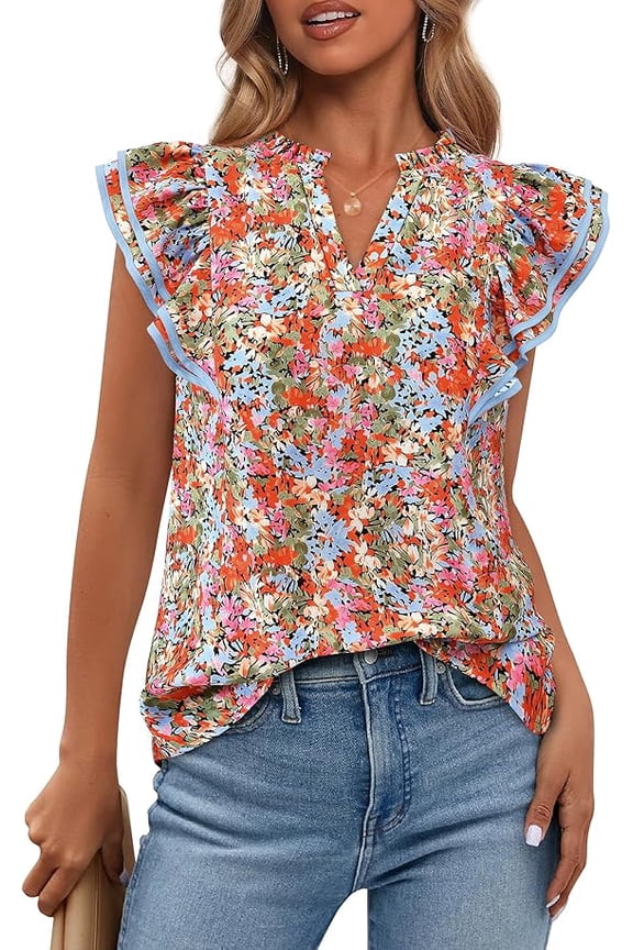 Womens Tops Dressy Casual Spring Summer Shirts Boho Floral V Neck Ruffle Cap Sleeve Business Work Blouses