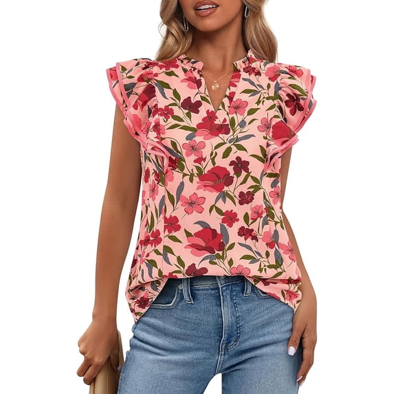 BTFBM Womens Tops Dressy Casual Spring Summer Shirts Boho Floral V Neck Ruffle Cap Sleeve Business Work Blouses