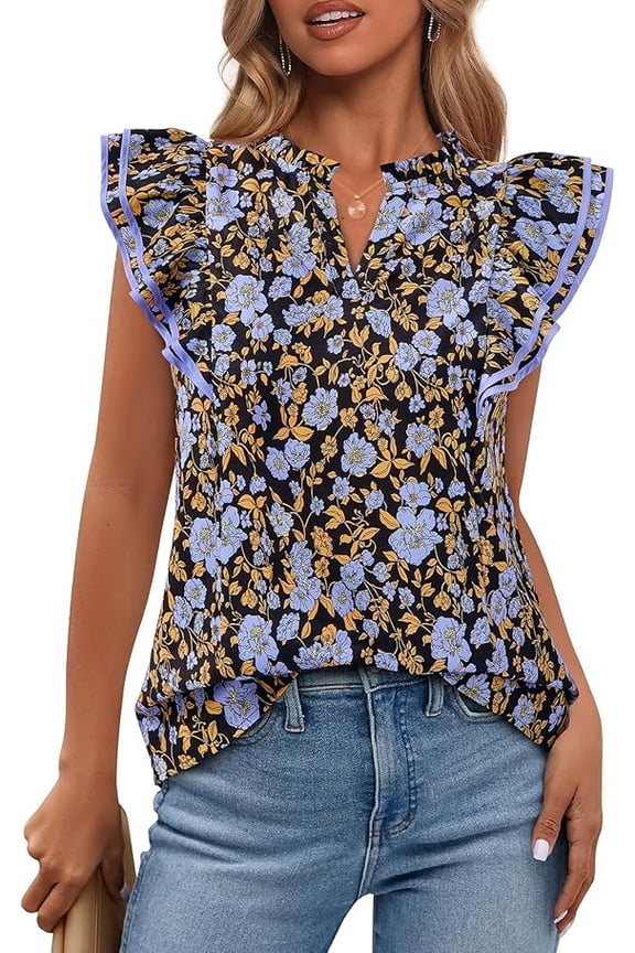 Womens Tops Dressy Casual Spring Summer Shirts Boho Floral V Neck Ruffle Cap Sleeve Business Work Blouses