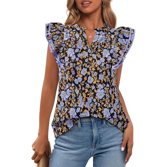 BTFBM Womens Tops Dressy Casual Spring Summer Shirts Boho Floral V Neck Ruffle Cap Sleeve Business Work Blouses