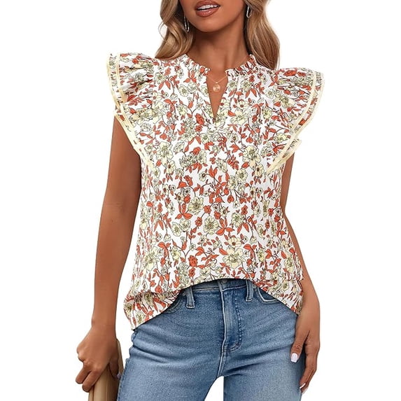 BTFBM Womens Tops Dressy Casual Spring Summer Shirts Boho Floral V Neck Ruffle Cap Sleeve Business Work Blouses