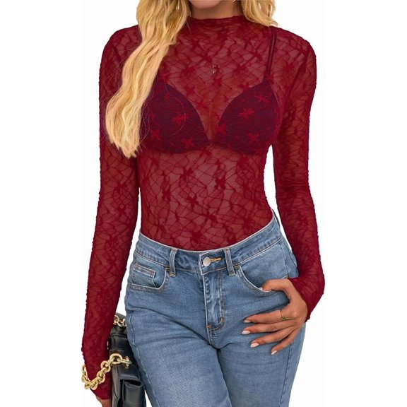 BTFBM Womens Tops Mesh Lace Long Sleeve Tops for Women Spring Fall Sheer See Through Tight Party Club Outfits