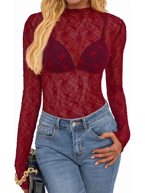 Womens Tops Mesh Lace Long Sleeve Tops for Women Spring Fall Sheer See Through Tight Party Club Outfits