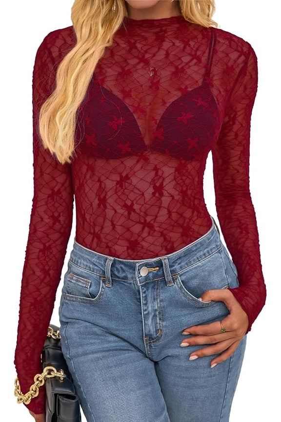Womens Tops Mesh Lace Long Sleeve Tops for Women Spring Fall Sheer See Through Tight Party Club Outfits
