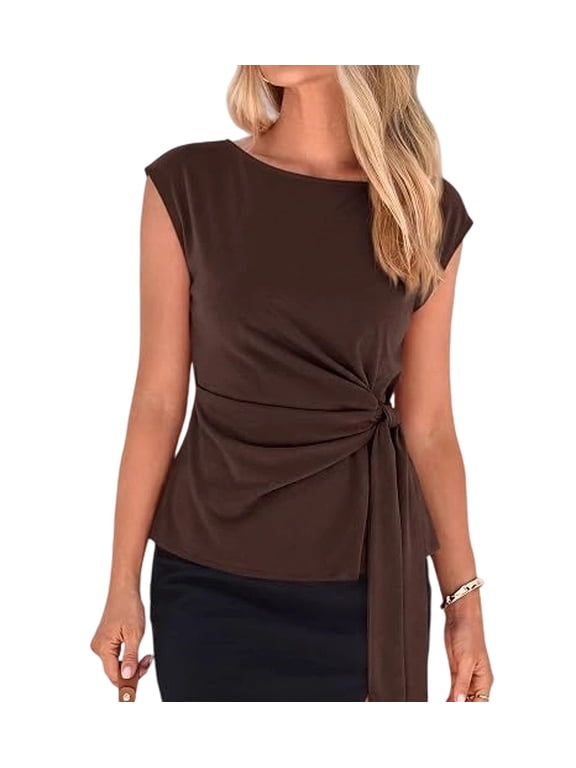 Womens Tops Summer Cap Sleeve Crew Neck Tie Waist Blouses Dressy Casual Business Work Clothes Spring Fashion