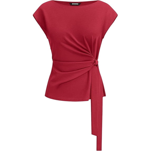 BTFBM Womens Tops Summer Cap Sleeve Crew Neck Tie Waist Blouses Dressy ...