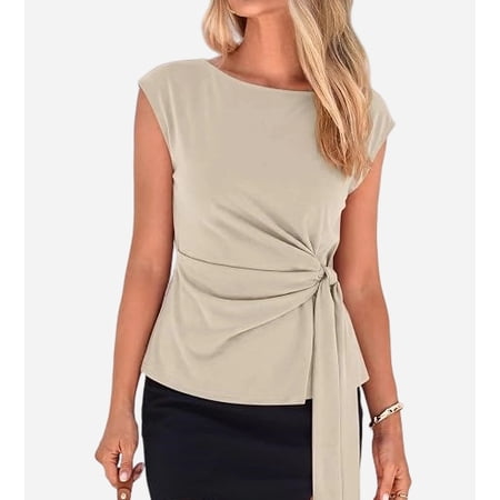BTFBM Womens Tops Summer Cap Sleeve Crew Neck Tie Waist Blouses Dressy Casual Business Work Clothes Spring Fashion