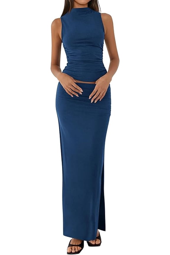 Womens Two Piece Outfits Summer Lightweight Mock Neck Sleeveless Knit Tops Maxi Skirt Set Going Out Dress