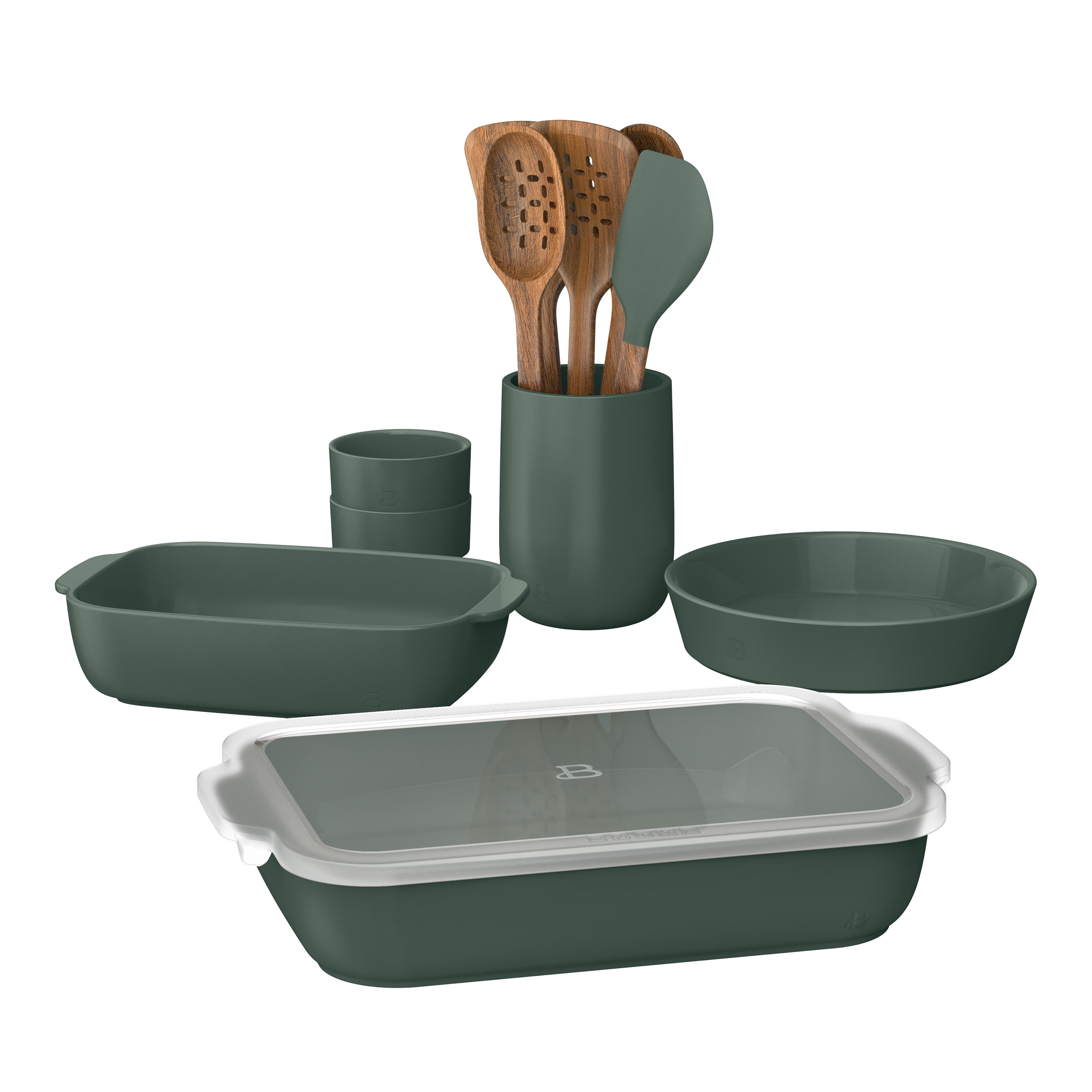 Beautiful 12-Piece Stoneware Bakeware & Kitchen Tools Set, Thyme Green by Drew Barrymore - Walmart.com