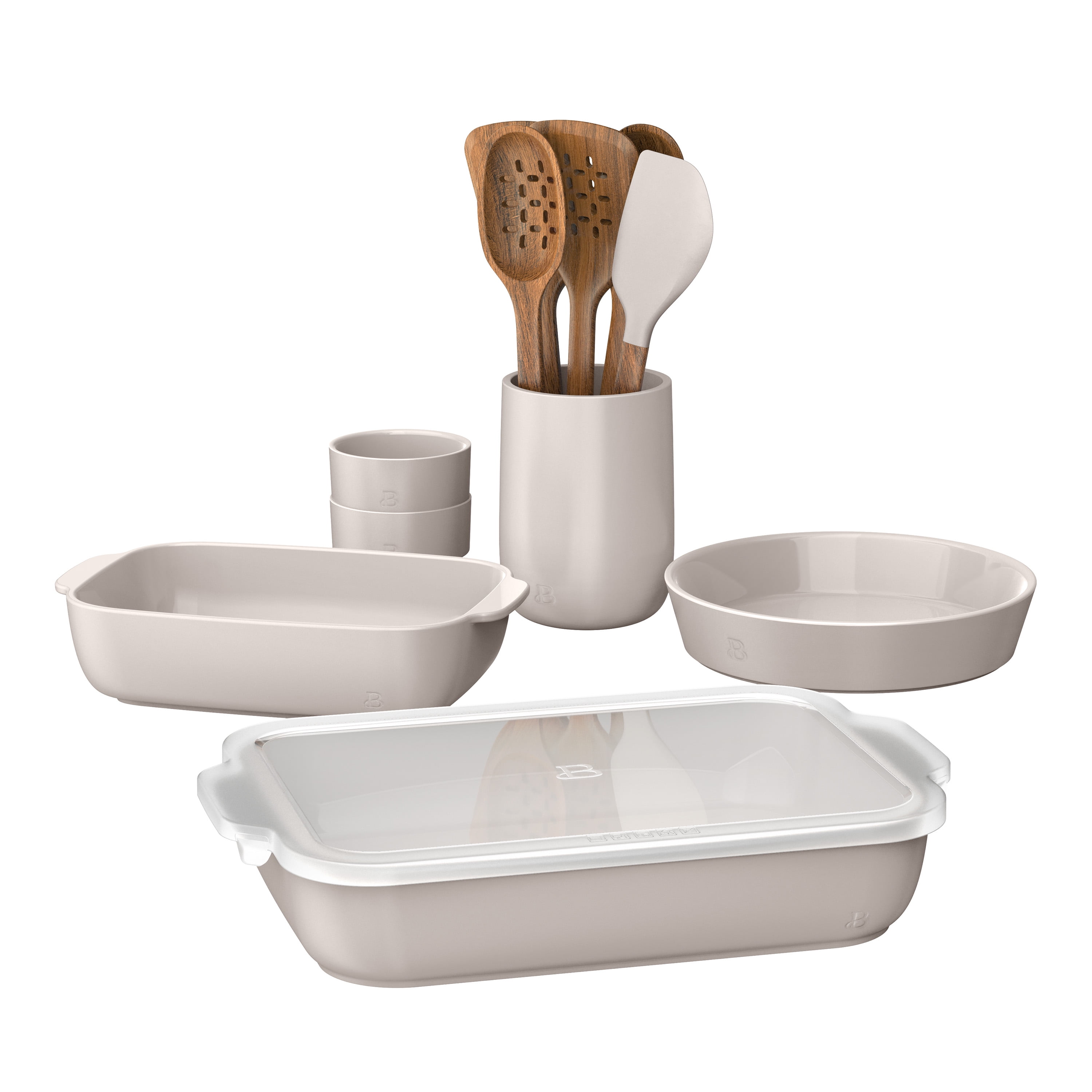Beautiful 12-Piece Stoneware Bakeware & Kitchen Tools Set, Porcini Taupe by Drew Barrymore