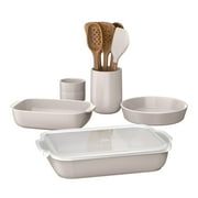 Beautiful 12-Piece Stoneware Bakeware & Kitchen Tools Set, Porcini Taupe by Drew Barrymore