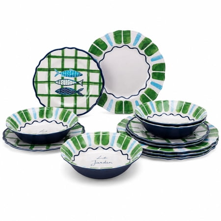 Beautiful 12-Piece Bamboo Melamine Dinnerware Set, Multi-Color Sardine Pattern