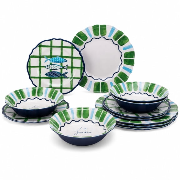 Beautiful 12-Piece Bamboo Melamine Dinnerware Set, Multi-Color by Drew Barrymore