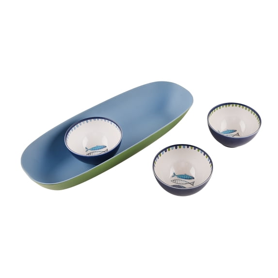 Beautiful 14.6" x 6" Bamboo Melamine Oval Serve with Sardine Dip Bowls, Multi-Color by Drew Barrymore