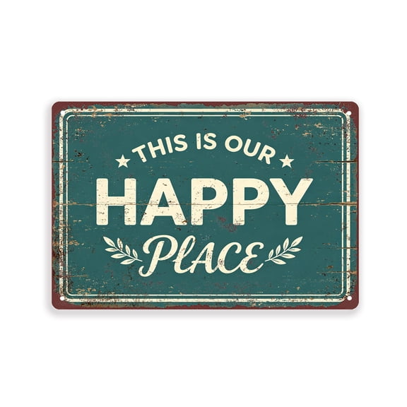 BTFSigns 12x16 Inches Vintage Aluminum Metal Sign"This is Our Happy Place"Funny Garden Quote Wall Decor,Indoor Outdoor Wall Art