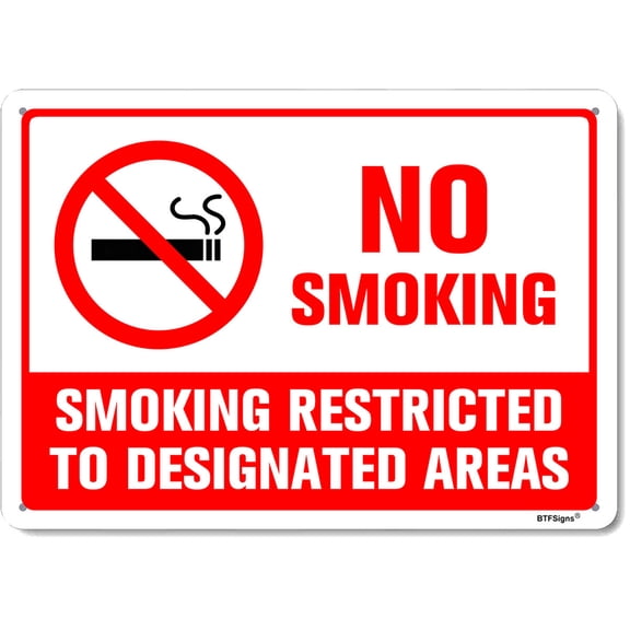 BTFSigns 12x8 Inches No Smoking Aluminum Signs Smoking Restricted To Designated Areas Metal Warning Sign for Hotel Office