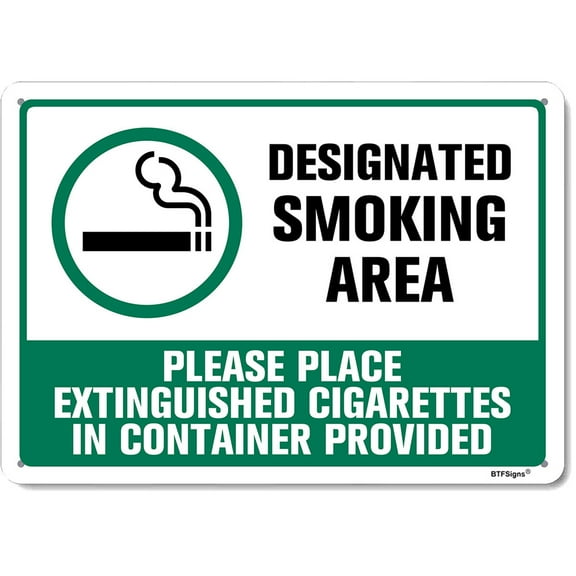 BTFSigns 16x12 Inches Designated Smoking Area Aluminum Signs Place Extinguished Cigarettes In Container Provided Metal Warning Sign
