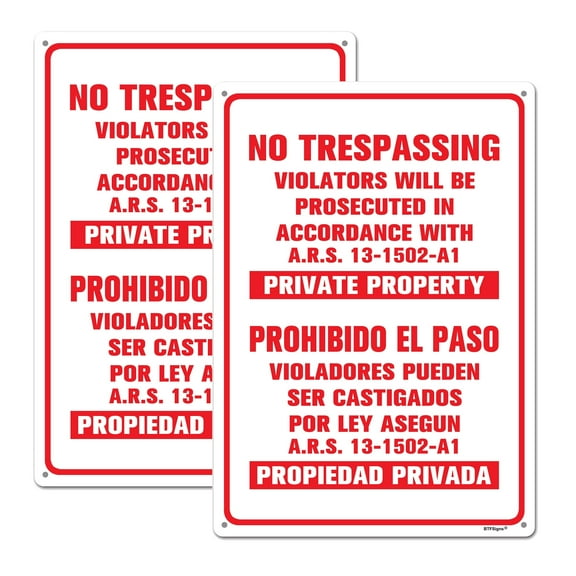 BTFSigns (2 Pack) 8" x 12" Private Property No Trespassing Violators Will Be Prosecuted in Accordance with ARS 13-1502-A1 Bilingual Aluminum Warning Sign Red