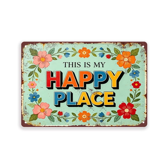 BTFSigns 6x8 Inches Vintage Aluminum Metal Sign"This Is My Happy Place"Funny Garden Quote Wall Decor,Indoor Outdoor Wall Art