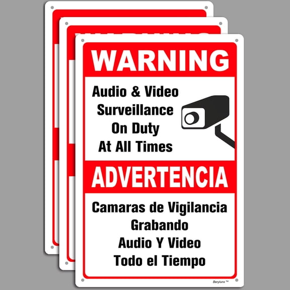 BTFSigns Bilingual 3 Pack 12" x 16" Warning Sign Audio & Video Surveillance on Duty at All Times Advertencia Signs