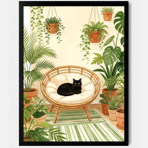 BTFSigns Black Framed Tropical Plants with Black Cat – Canvas Wall Art, Cute Poster Print for Bathroom, Bedroom, Living Room, Boho Decor, 12x16 Inches