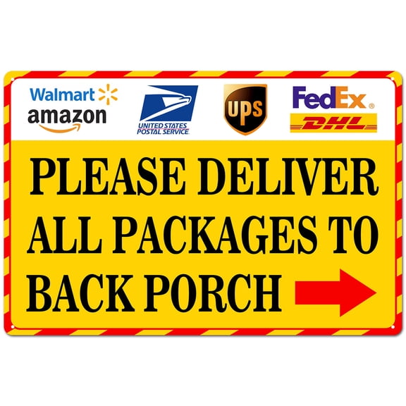 BTFSigns Deliver All Packages to Back Porch with Right Arrow Sign - Weatherproof 15"x21" Aluminum Delivery Instruction Sign for Drivers, Office, Business, Home Yard Outdoor Yellow