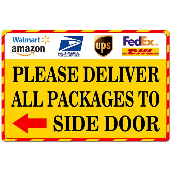 BTFSigns Deliver All Packages to Side Door with Left Arrow Sign - Weatherproof 15"x21" Aluminum Delivery Instruction Sign for Drivers, Office, Business, Home Yard Outdoor Yellow