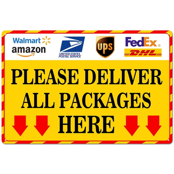 BTFSigns Deliver All Packages Here Sign with Down Arrows - Weatherproof 8"x12" Aluminum Delivery Instruction Sign for Drivers, Office, Business, Home Yard Outdoor Yellow